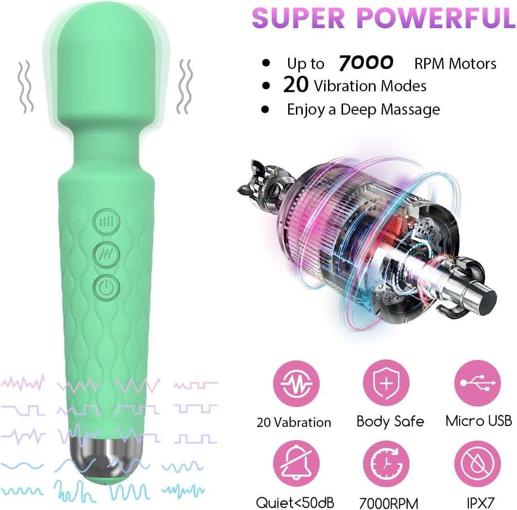 20 Magic Powerful Wand Massager Modes, Whisper Quiet, Waterproof, Handheld, Cordless for Neck Shoulder Back Body Massage, Sports Recovery and Muscle Aches Gift-Mini Green Christmas Day Gifts